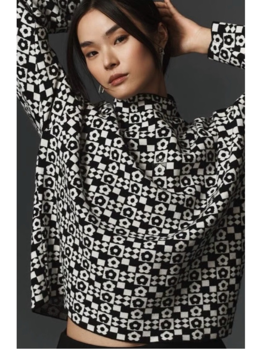 Anthropologie Maeve The Carys Mock-Neck Sweater in Black/White Floral X-Large